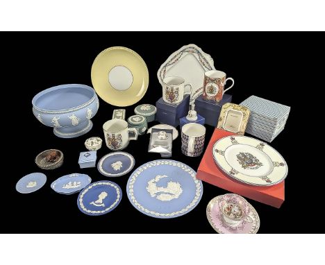 Box of Assorted Porcelain, including Royal Worcester, Wedgwood, etc. Includes Christmas plate, Royal memorabilia, Wedgwood bo