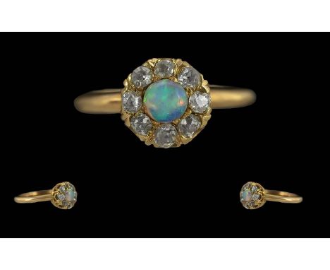 Edwardian Period 1901 - 1910 Ladies Exquisite 18ct Gold Opal and Diamond Set Cluster Ring. Marked 18ct to Interior of Shank. 