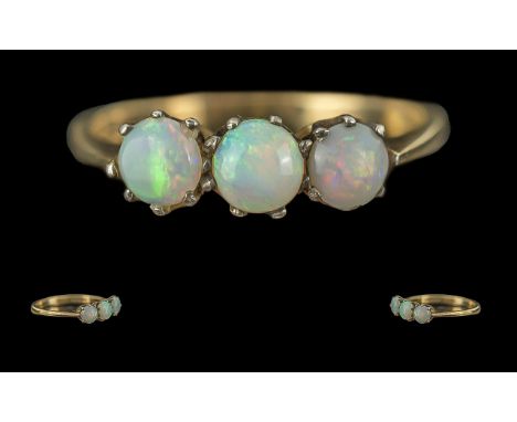 Antique Period Ladies - Attractive 9ct Gold 3 Stone Opal Set Dress Ring, The 3 Cabochon Cut Opals of Good Colour, Full Hallma