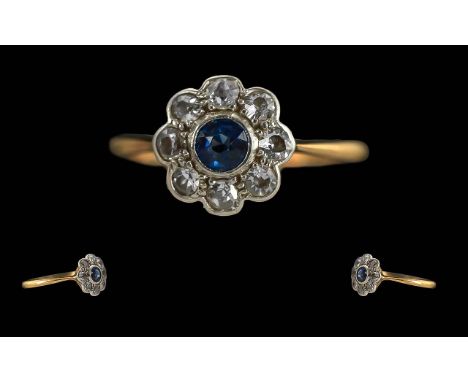 Antique Period - Ladies Exquisite 18ct Gold Diamond and Blue Sapphire Set Cluster Ring. Marked 18ct to Interior of Shank. The