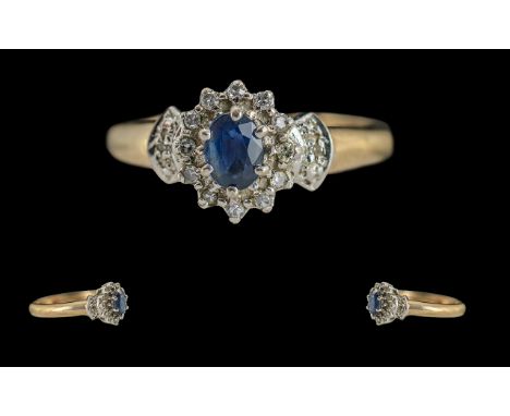 Ladies Attractive 9ct Gold Sapphire and Diamond Set Dress Ring, Full Hallmark to Interior of Shank, The Central Sapphire Surr