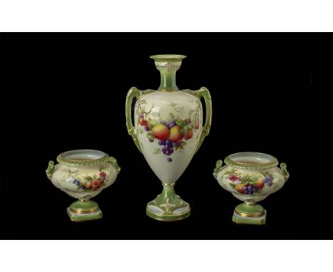 Royal Worcester Garniture Set Of Vases, Central Twin Handled Vase Together With Two Urn Shaped Vases, All with Fruit Decorati