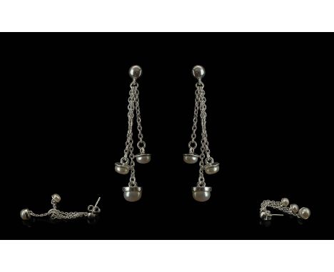Fresh Water Pearl Drop Earrings, a pretty pair of earrings, each comprising three silver chains of various lengths, terminati