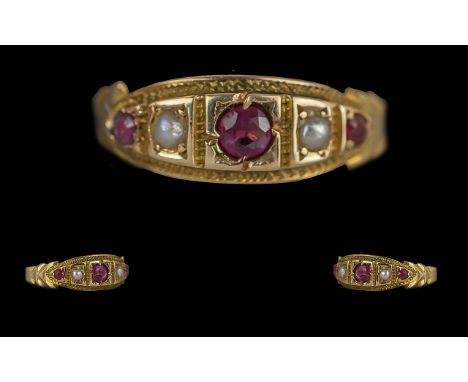 Antique Period Ladies 15ct Gold Ruby and Pearl Set Dress Ring, Ornate Setting, Full Hallmark to Interior of Shank, Marked 625