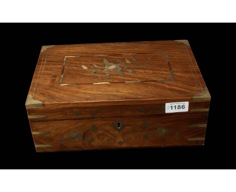 Vintage Heavy Wooden Stationery Box, inlaid decoration with brass mounts, interior with lift up compartment for pens, etc. an