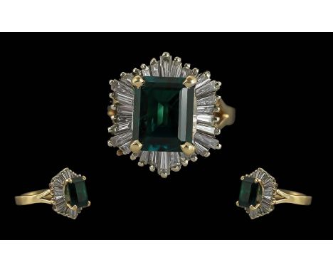 Ladies Art Deco Style 14ct Gold Green Stone and Diamond Set Dress Ring, Tests Green Stone ( Step cut ) Excellent Colour ) Cla