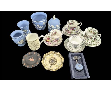 Box of Royal Albert &amp; Wedgwood, including Royal Albert boxed month cups and saucers, March, April, &amp; December, Wedgwo