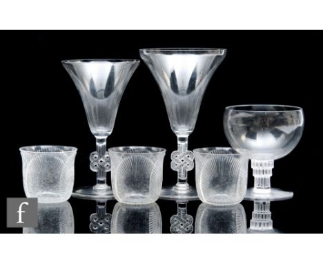 Rene Lalique - A group of six drinking glasses, to include a&nbsp;Bambou example with a round bowl above a stepped pillar ste