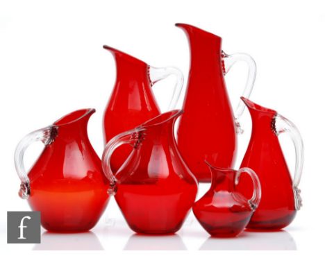 Geoffrey Baxter - Whitefriars - A collection of Ruby glass jugs, to include pattern number 9649, height 11cm, pattern 9419, h