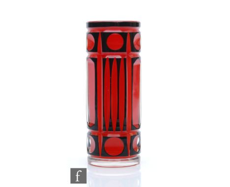 Unknown - A post war glass vase, of cylinder form, cased in black over clear crystal and flash cut with repeated geometric pa