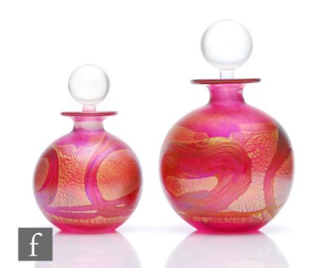 Michael Harris - Isle of Wight - Two studio glass scent bottles in the Golden Peacock pattern in the Royale Pink colourway, t