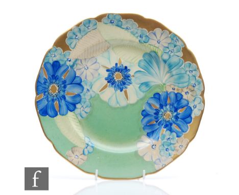 Grays Pottery - A 1930s Art Deco plate decorated in pattern&nbsp;A4111 with tonal blue flowers against a green and gold groun