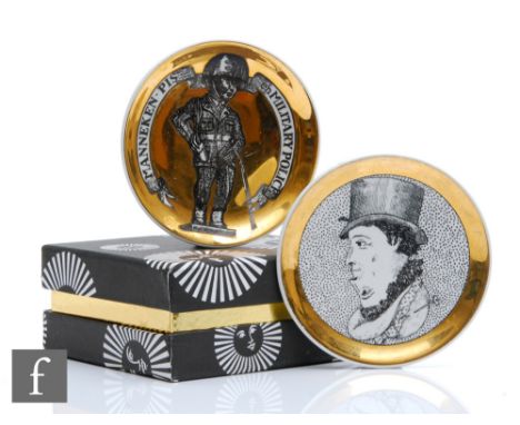 Fornasetti - Two boxed pin dish coasters, the first from the Double Face series, the other titled Manneken Pis en Military Po