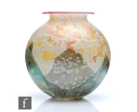 Jonathan Harris - A contemporary studio glass vase of spherical form with everted collar neck and rim, decorated with tonal o