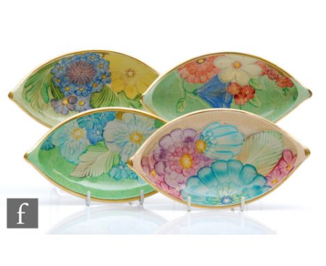 Grays Pottery - Four 1930s Art Deco boat shaped dishes, each decorated with hand painted flowers and foliage, printed marks w