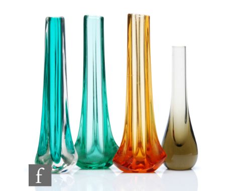 Geoffrey Baxter - Whitefriars - A group of three-sided vases, pattern number 9570, in Sea Green, Golden Amber and Aquamarine,