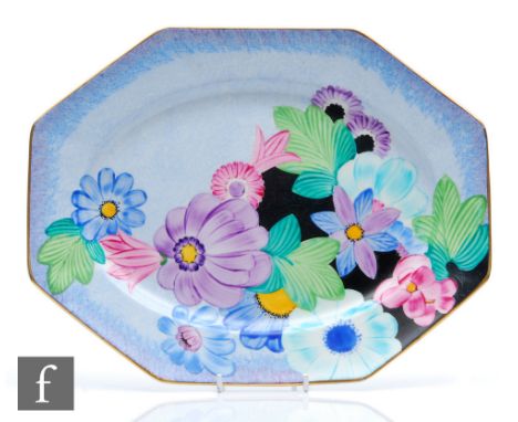 Grays Pottery - A 1930s Art Deco elongated octagonal plate decorated in pattern&nbsp;A1148 with hand painted flowers against 