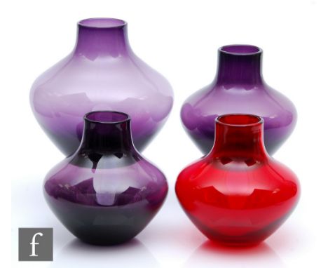 Geoffrey Baxter - Whitefriars - A collection of 1960s soda glass vases, to include pattern number 9599 in Ruby, height 18cm, 
