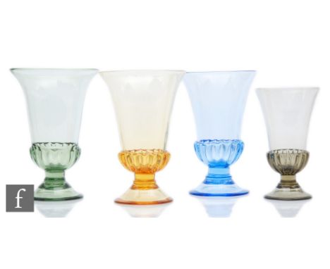 James Powell &amp; Sons Whitefriars - A collection of four footed vases, pattern number 9160 in Sea Green, Gold and Blue, hei