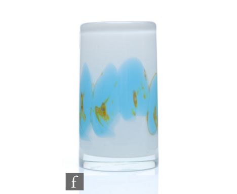 Sam Herman - Rosenthal Studio Line - A cylindrical glass vase, the opaque white with a blue and golden yellow abstract band c