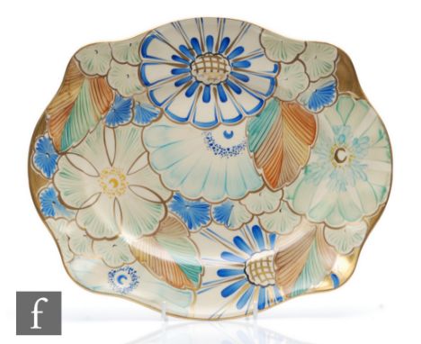 Grays Pottery - A 1930s Art Deco tray decorated in pattern&nbsp;A419 with hand painted flowers in blue and green, printed mar