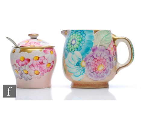 Grays Pottery - A 1930s Art Deco preserve pot and cover decorated with tonal pink and white flowers over a pale pink ground, 