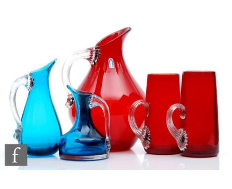 Geoffrey Baxter - Whitefriars - A collection of jugs, to include pattern number 9504 in Ruby, height 15cm, 9719 in Kingfisher