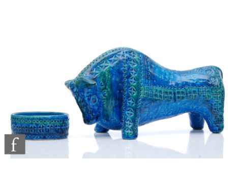 Aldo Londi - Bitossi - A post war Italian model of a bull glazed in rimini blue with impressed patterned decoration, painted 