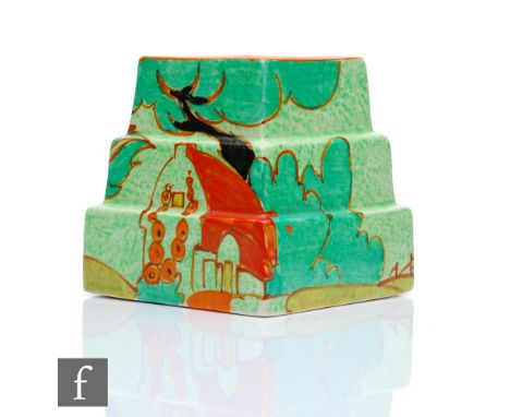 Clarice Cliff - Red Roofs Cafe au Lait - A ziggurat shape candlestick circa 1932, hand painted with a large red roofed house 