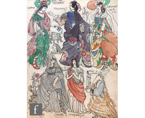 Albert Wainwright (1898-1943) - A sketch depicting multiple costume designs for the stage production The Virgin Martyr, to th