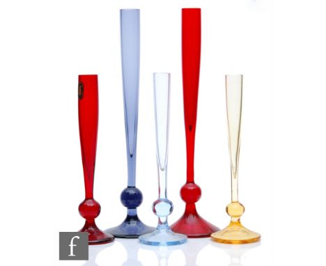 Geoffrey Baxter - Whitefriars - A collection of Bud vases to include three 9484 vases in Ruby, Gold and Arctic Blue, heights 