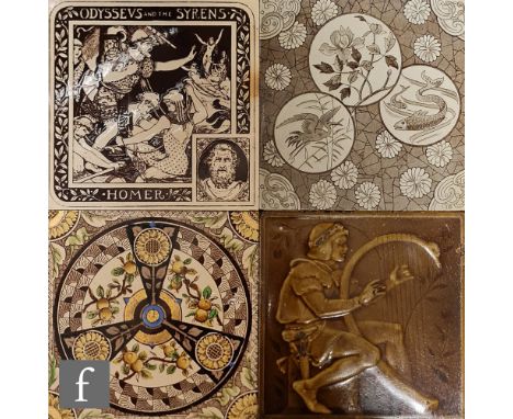 Mintons - Four 8 inch dust pressed tiles, the first in the style of Henry Stacey Marks with a medieval man playing a harp for