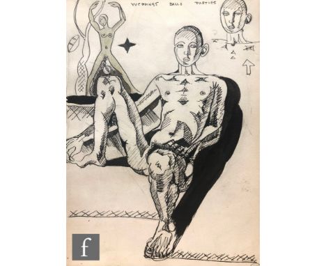 Albert Wainwright (1898-1943) - Weddings, Balls, Parties, a sketch depicting a reclining nude male figure with various other 
