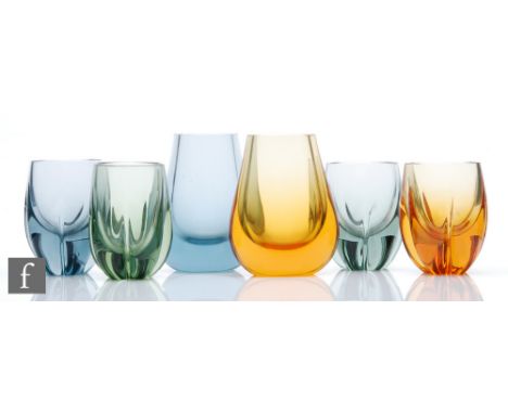 Geoffrey Baxter - Whitefriars - A collection of vases, to include two Hambone vases, pattern number 9572 in Arctic Blue and G