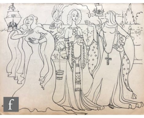 Albert Wainwright (1898-1943) - A sketch depicting three medieval female figures before ships, to the reverse further figurat