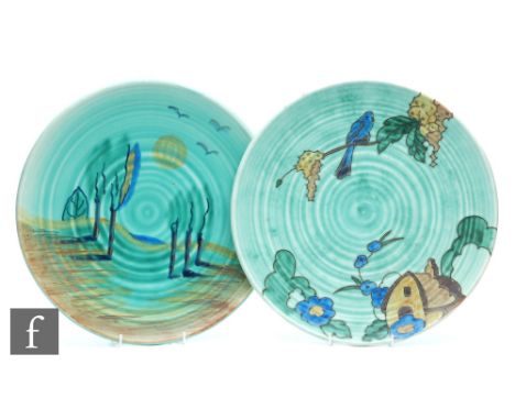 Wadeheath - Two 1930s Art Deco Flaxman chargers, the first decorated with a tubelined house and bird, the second with a styli