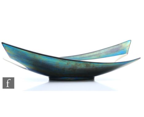 Camillo Lusso - A large mid century Italian glass bowl of abstract asymmetrical form in pearlised white and black enamel glaz