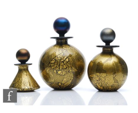 Michael Harris and William Walker - Three studio glass scent bottles in the Gold Azurene pattern, all decorated with gold lea