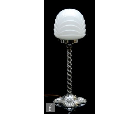 Unknown - A 1950s Art Deco style lamp, the scalloped square section base, rising to a twisted stem, adorned with a moulded op