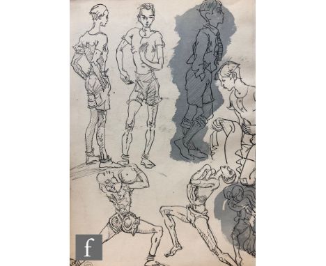 Albert Wainwright (1898-1943) - A study depicting sketches of male figures in various poses, some picked out in colourwash, t