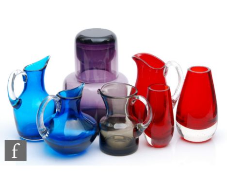 Whitefriars - A collection of glass items, to include two cased vases in Ruby, heights 10cm and 12cm, an Amethyst soda glass 