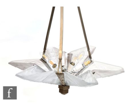 Unknown - French - A 1920s Art Deco ceiling light with a silvered metal frame detail with a central carry pendant and radiati