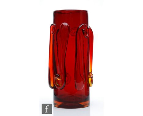Jerzy Sluczan-Orkusz - Krakow Glass Institute - A later 20th Century glass vase, circa 1972, of cylinder form in ruby with ap