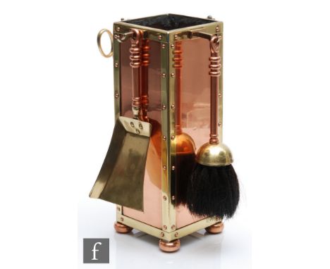 Bromsgrove Guild of Applied Arts - A fireside compendium in the Arts and Crafts style, the copper and brass rectangular spill