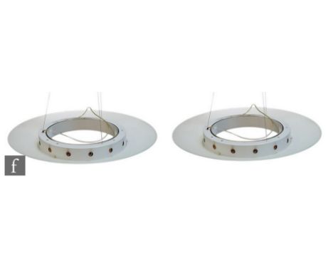 Murano Due - A pair of Crave S ceiling pendant light fittings, the central circular metal section with upturned frosted glass