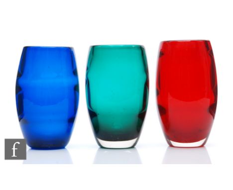 Whitefriars - A collection of Optic Ribbed Swollen vases, in Green, Ruby and Cased Blue, pattern number 9587, height 15cm. (3