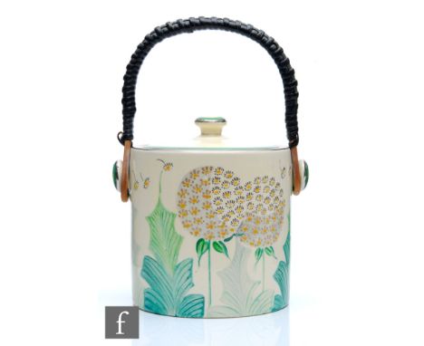 Sam Talbot - Grays Pottery - A 1930s Art Deco biscuit barrel decorated in pattern&nbsp;A985 with hand painted dandelion and f