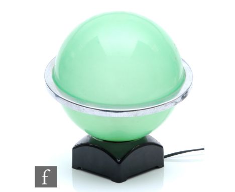 Unknown - A 1930s Art Deco Saturn lamp base in frosted green glass with a chrome plated joining band, all to a black glass sq