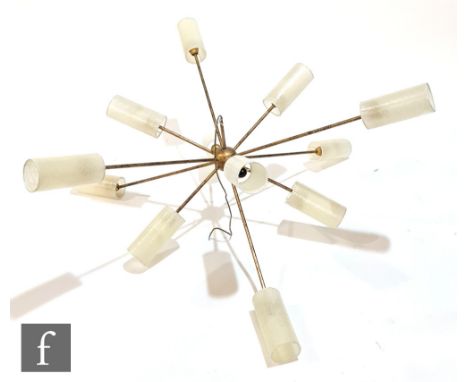 Unknown - A gilt metal sputnik type ceiling light fitting, the large central orb with twelve varying length tubular branches,