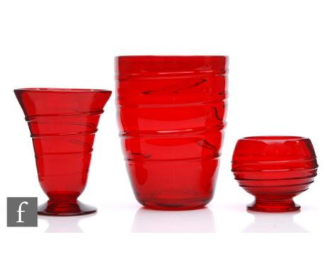 Barnaby Powell - Whitefriars - Three Ribbon trailed vases, pattern numbers 9296, 9366 and 9030, all in Ruby, heights 8.5cm, 1